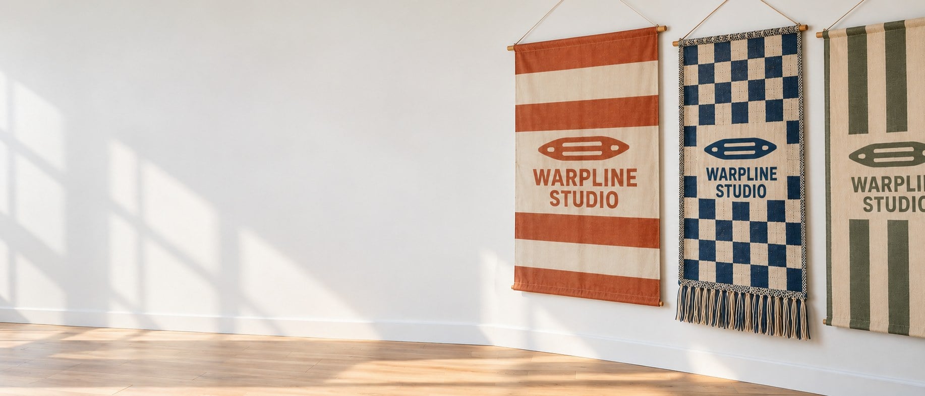Custom logo tapestries with simple geometric patterns hanging on a white studio wall